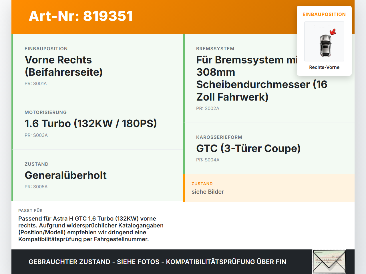 Opel Astra H GTC 06-10 1,6 132KW Bremssattel Bremszange Vorne Rechts Opel Astra H GTC 06-10 30.01.2009... Vorschau 3