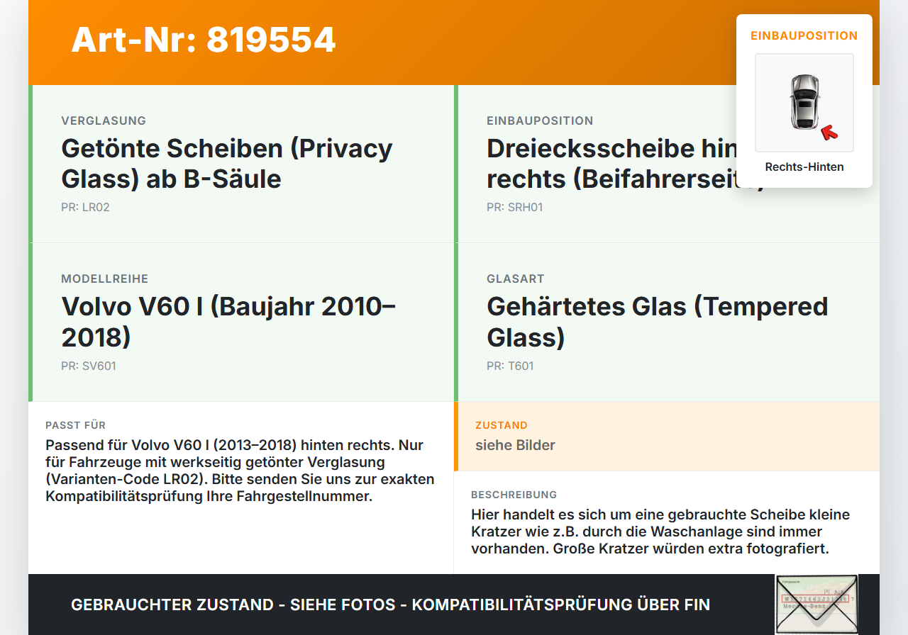 Volvo V60 I D3 13-18 Kombi RH Dreieck Seitenscheibe Scheibe Rechts Hinten Orig. getönt Volvo V60 I D3 13-18... Vorschau 3