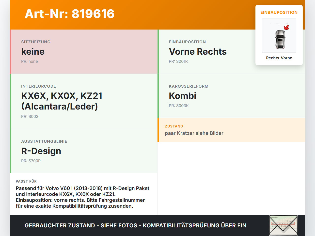Volvo V60 I D3 13-18 Kombi Einstiegsleiste Rechts Vorne R-Design Volvo V60 I D3 13-18 17.10.2014 39810363 gebraucht Vorschau 3