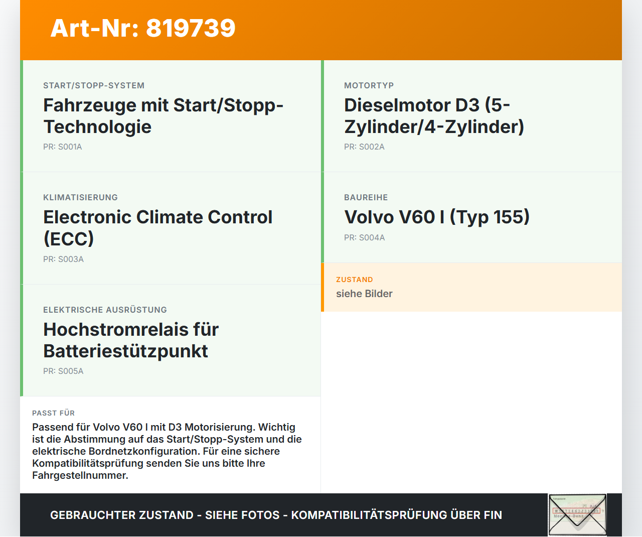 Volvo V60 I D3 13-18 Relais Batteriesicherung Batteriestützpunkt Hochstromrelais Volvo V60 I D3 13-18 17.10.2014... Vorschau 3