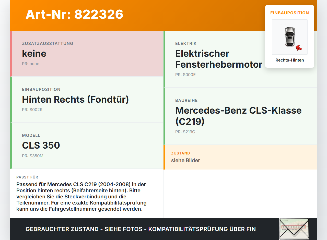 Mercedes C219 CLS 350 04-08 Fensterhebermotor Rechts Hinten Mercedes C219 CLS 350 04-08 14.07.2005 A2198200642... Vorschau 3