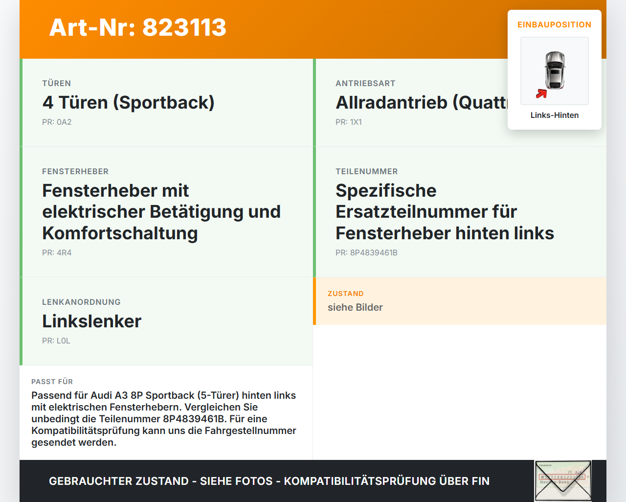Audi A3 8P qu 08-13 5T Fensterheber o. FH-Motor Hinten Links Audi A3 8P qu 08-13 20.10.2008 8P4839461B gebraucht Vorschau 3