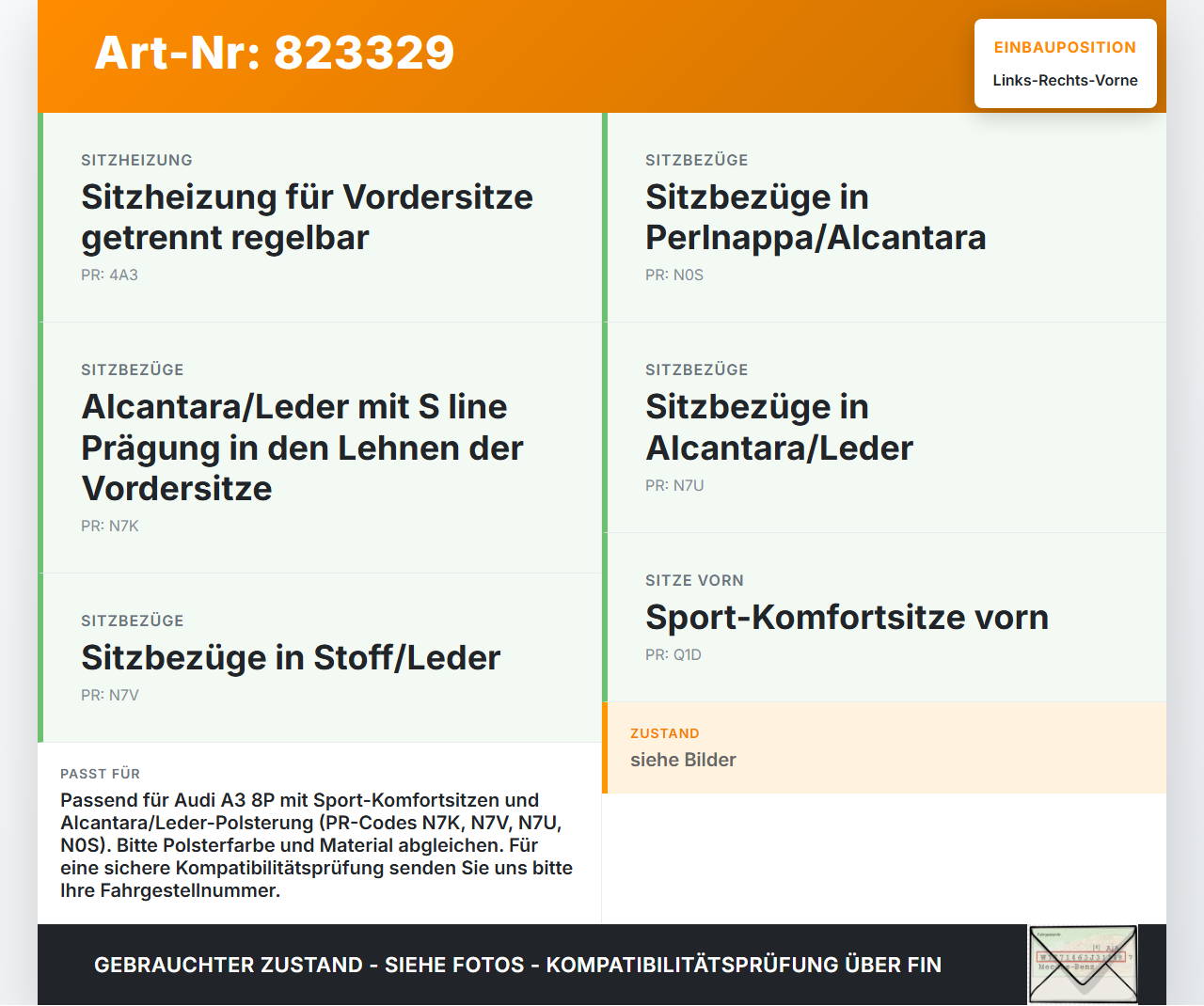 Audi A3 8P qu 08-13 Kopfstütze für Fahrer Sitz Rechts oder Links Vorne Audi A3 8P qu 08-13 20.10.2008 8P0881901BD... Vorschau 3