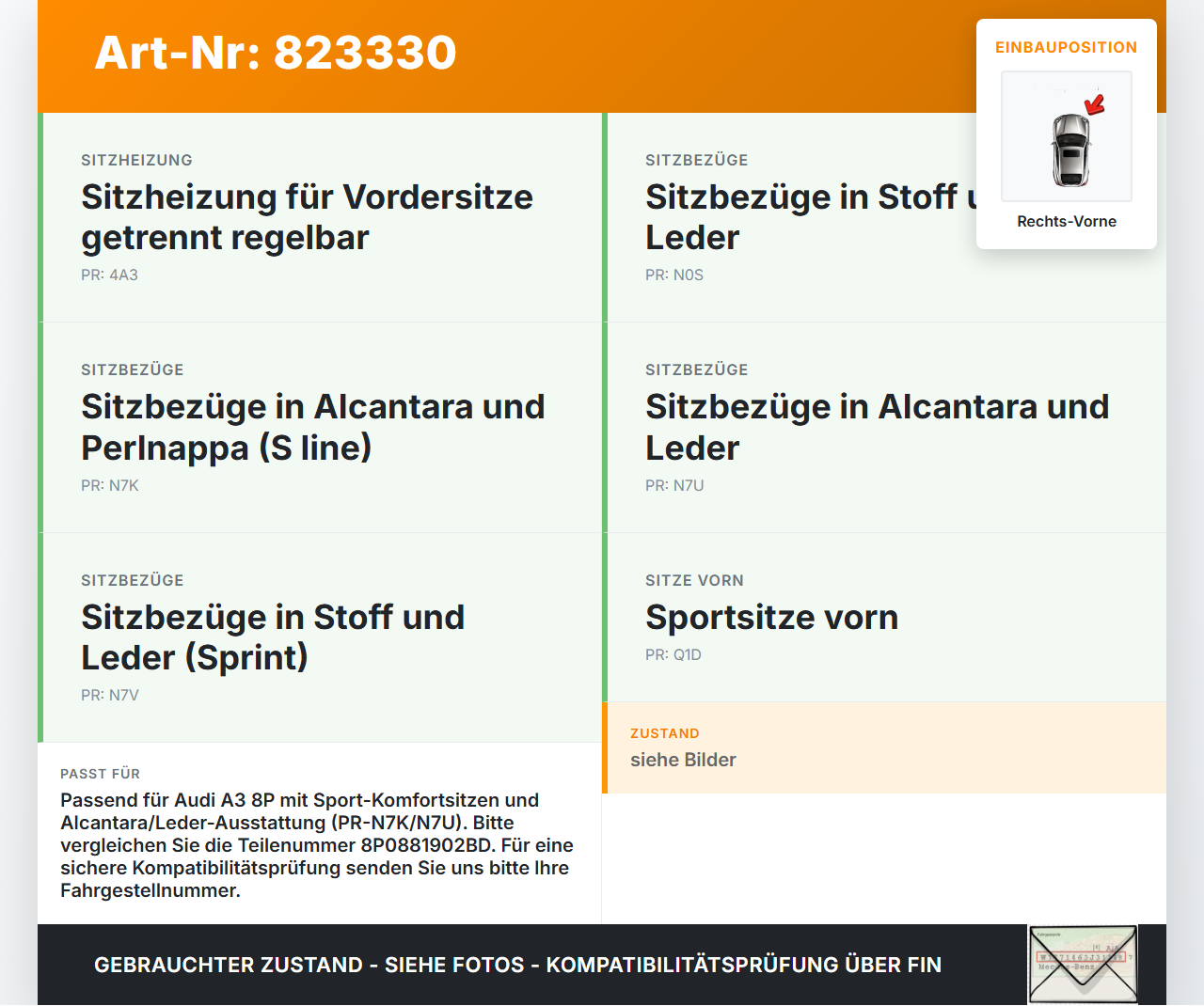 Audi A3 8P qu 08-13 5T Kopfstütze für Beifahrer Sitz Rechts Vorne Audi A3 8P qu 08-13 20.10.2008 8P0881902BD gebraucht Vorschau 3