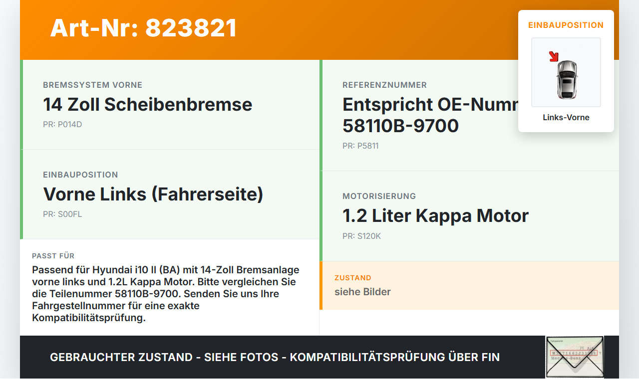 Hyundai I10 II BA 13-19 1,2 64KW Bremssattel Bremszange Vorne Links Hyundai I10 II BA 13-19 08.12.2014 58110B-9700... Vorschau 3