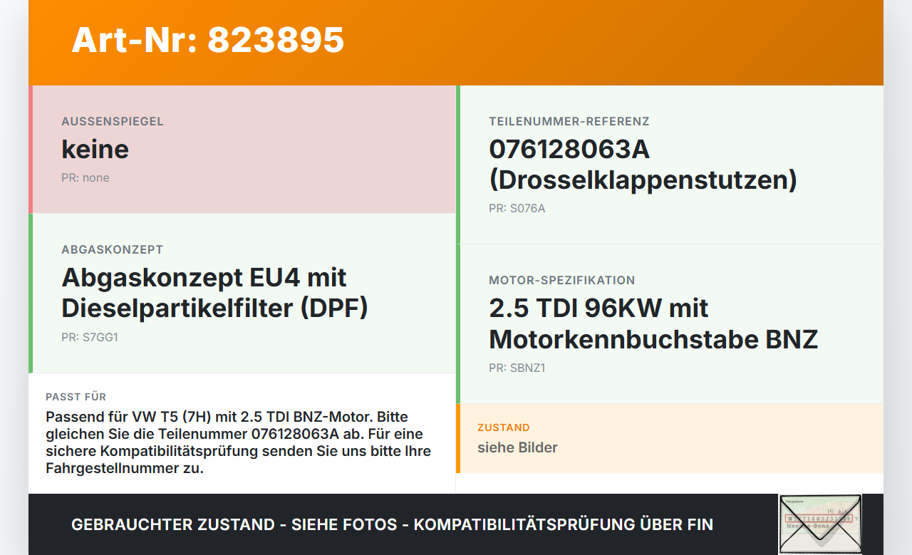 VW T5 7H 03-09 TDI 2,5 96KW BNZ Drosselklappe VW T5 7H 03-09 22.12.2005 076128063A 7.00823.01.0 gebraucht Vorschau 3