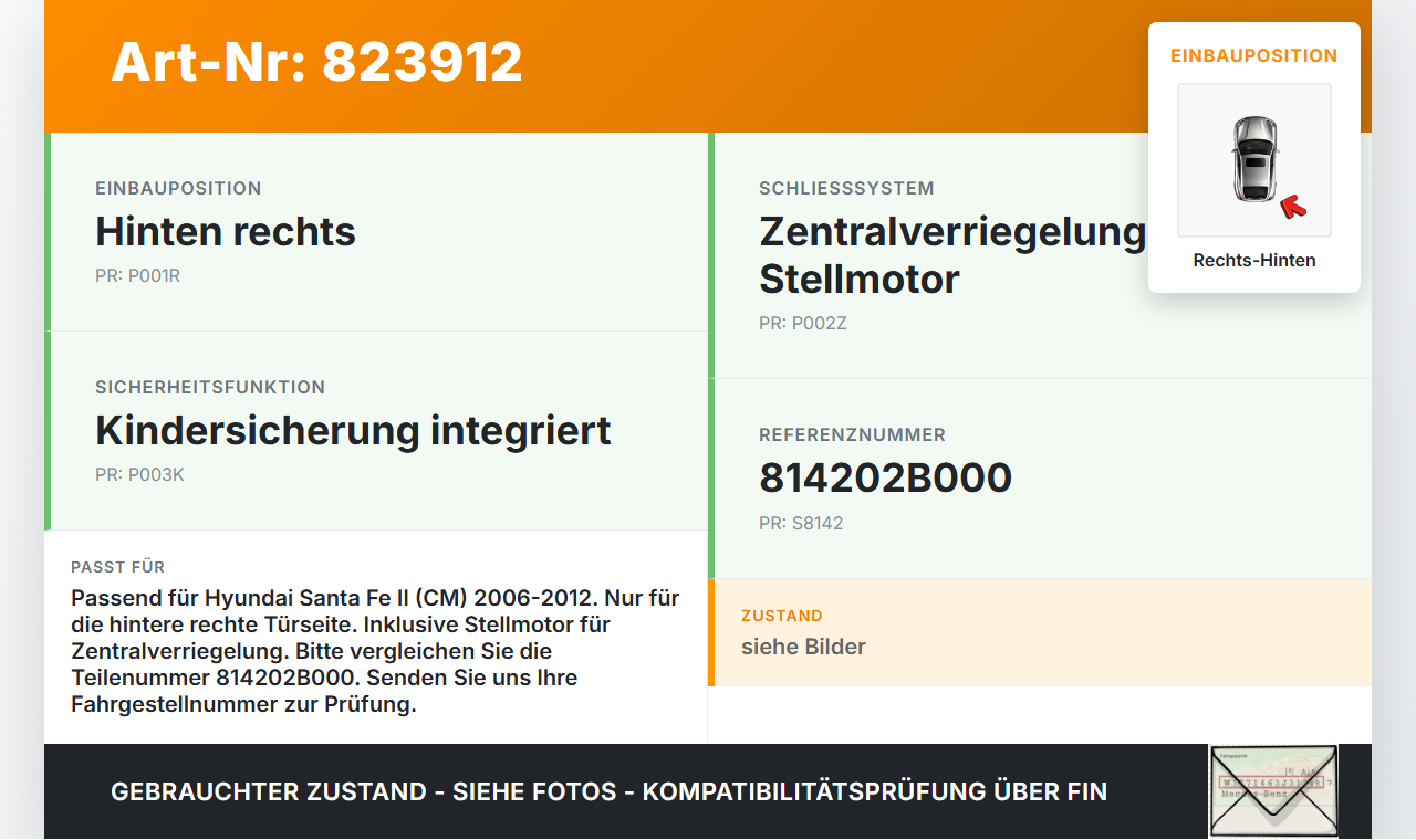 Hyundai Santa Fe II CM 06-12 Türschloss m. ZV Stellmotor Rechts Hinten Hyundai Santa Fe II CM 06-12 30.10.2006... Vorschau 3