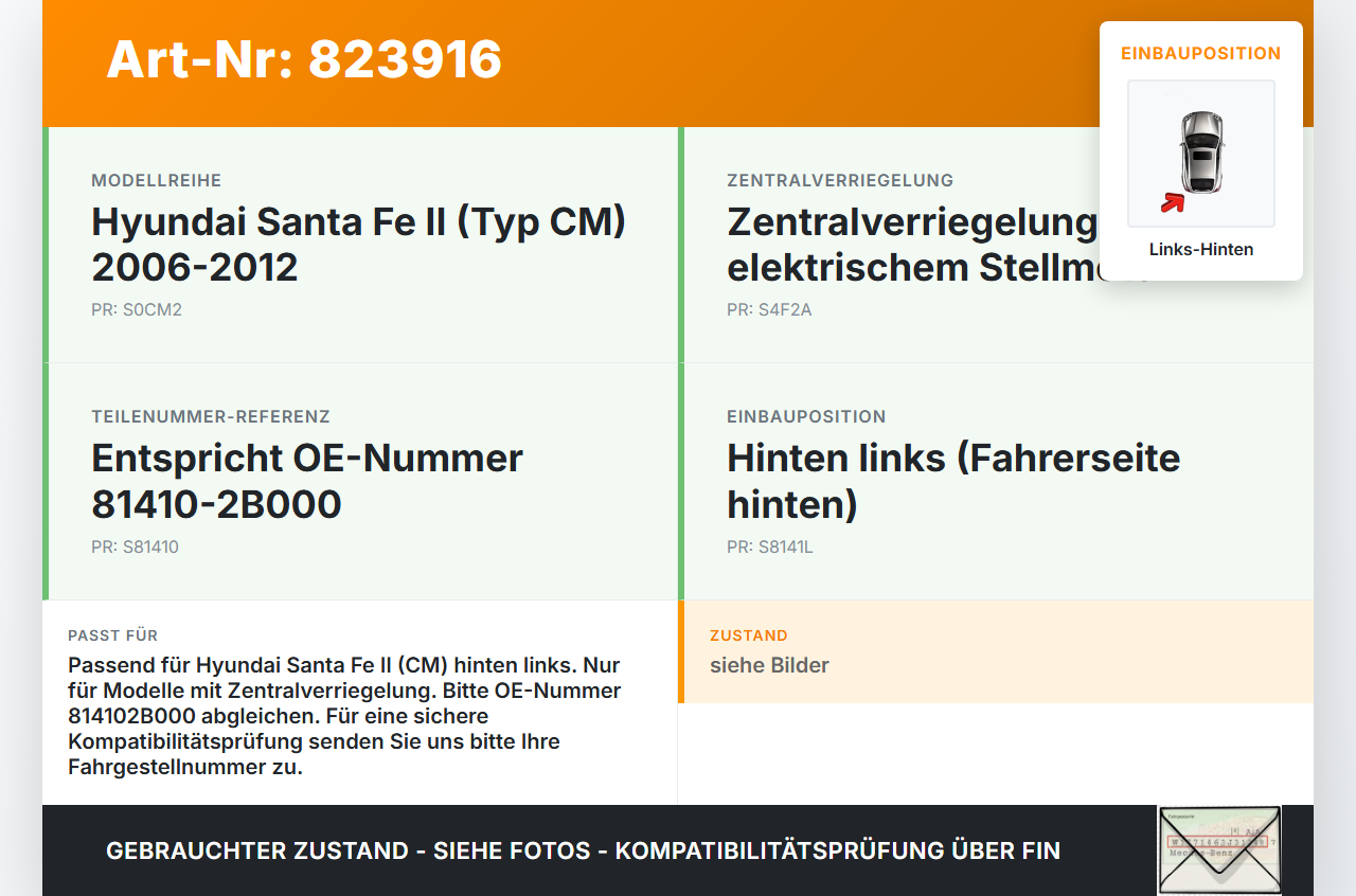 Hyundai Santa Fe II CM 06-12 Türschloss m. ZV Stellmotor Links Hinten Hyundai Santa Fe II CM 06-12 30.10.2006... Vorschau 3