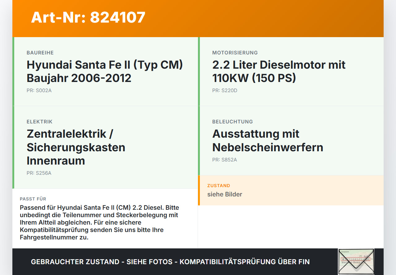 Hyundai Santa Fe II CM 06-12 2,2 110KW Sicherungskasten Zentralelektrik Hyundai Santa Fe II CM 06-12 30.10.2006... Vorschau 3