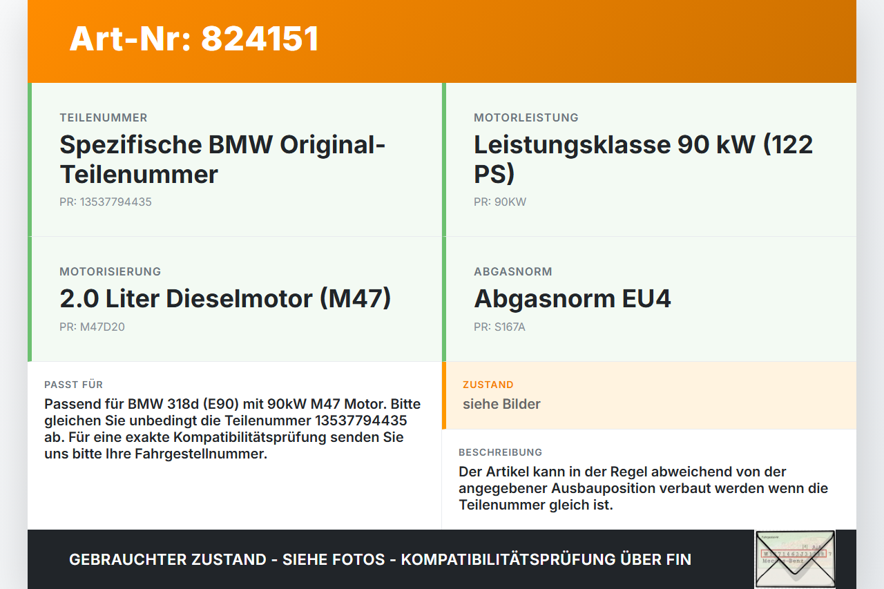 BMW 318D E90 3er 05-08 2,0d 90KW Injektor Einspritzdüse Zyl.4 BMW 318D E90 3er 05-08 21.09.2006 13537794435 7794435... Vorschau 3