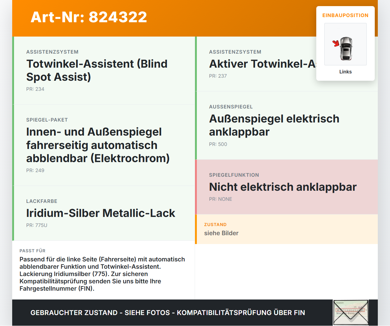 Mercedes W212 E350 09-14 Spiegel Aussenspiegel Links Elektrochrom 775 Mercedes W212 E350 09-14 14.02.2009... Vorschau 3