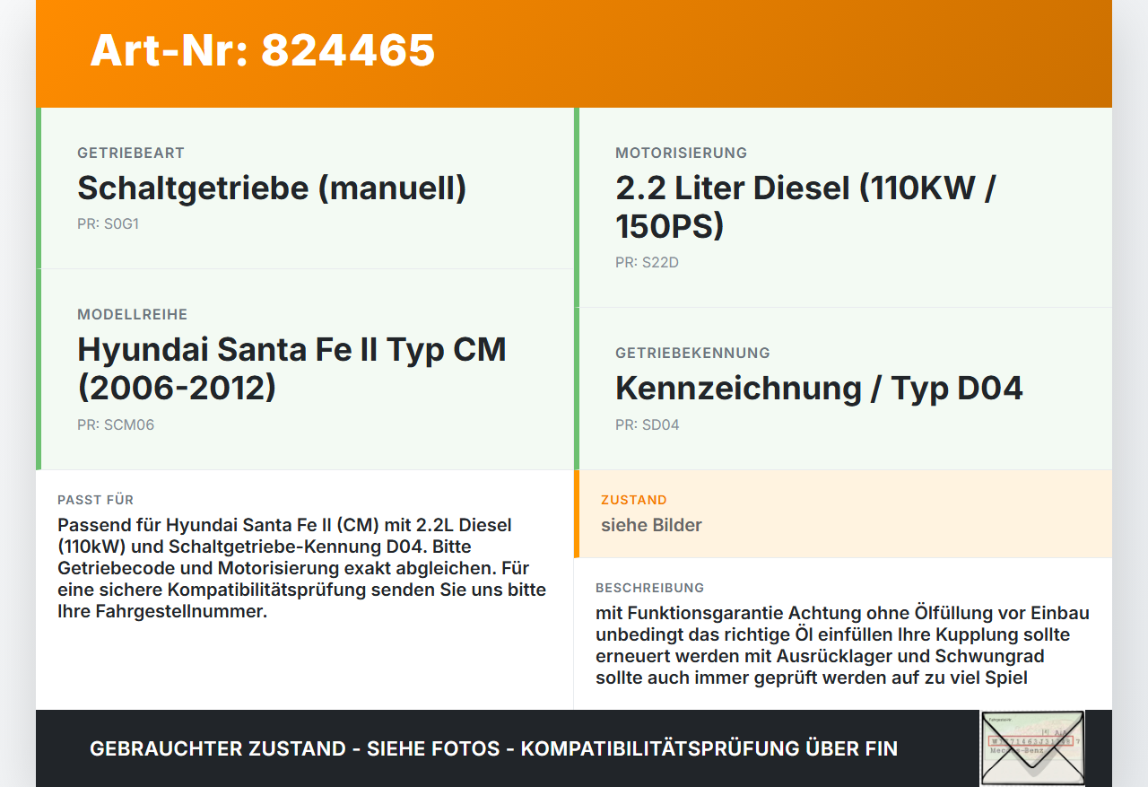 Hyundai Santa Fe II CM 06-12 2,2 110KW Autom D04 Schaltgetriebe Getriebe Hyundai Santa Fe II CM 06-12 30.10.2006... Vorschau 3