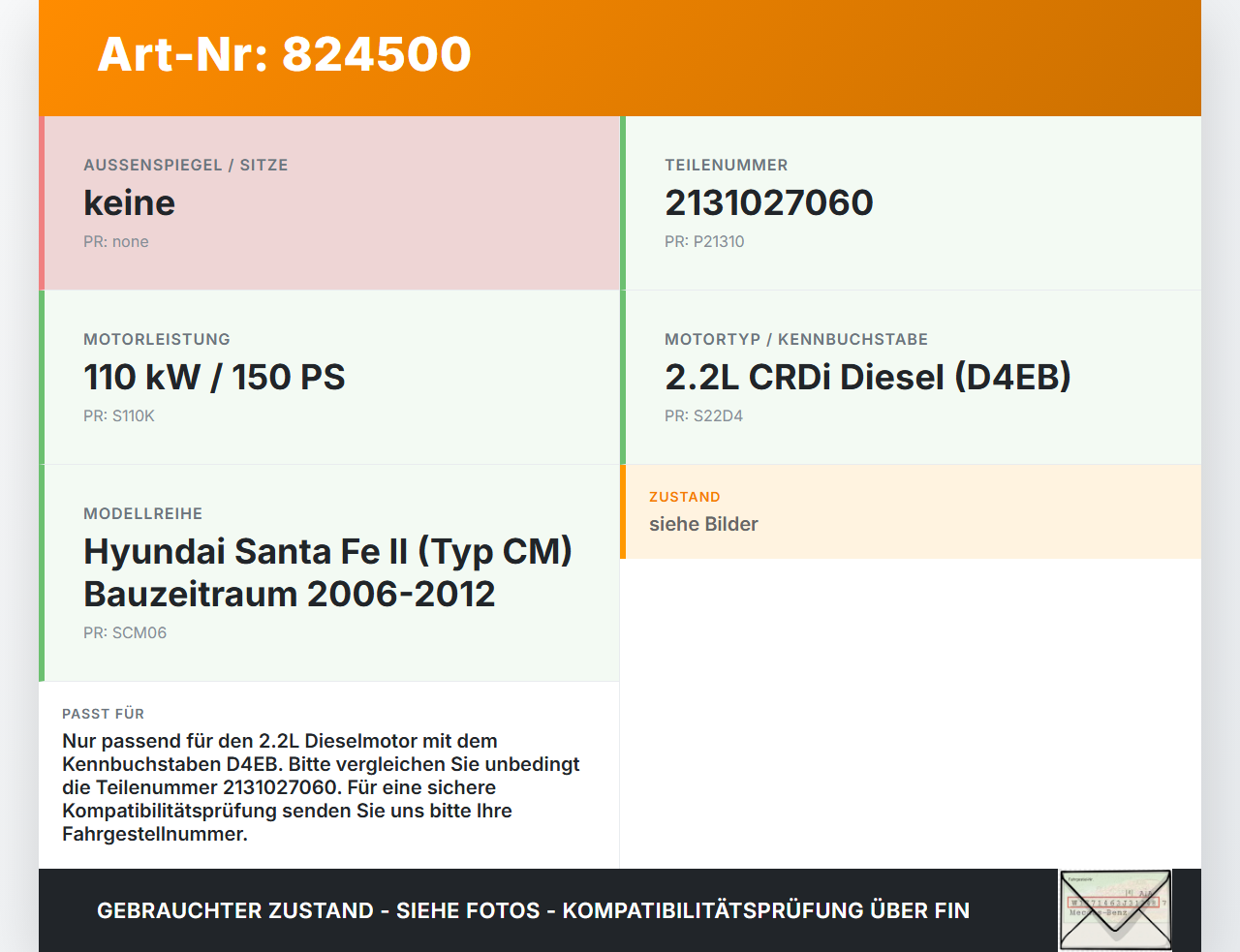 Hyundai Santa Fe II CM 06-12 2,2 110KW D4EB HH41 Ölpumpe Hyundai Santa Fe II CM 06-12 30.10.2006 2131027060 gebraucht Vorschau 3