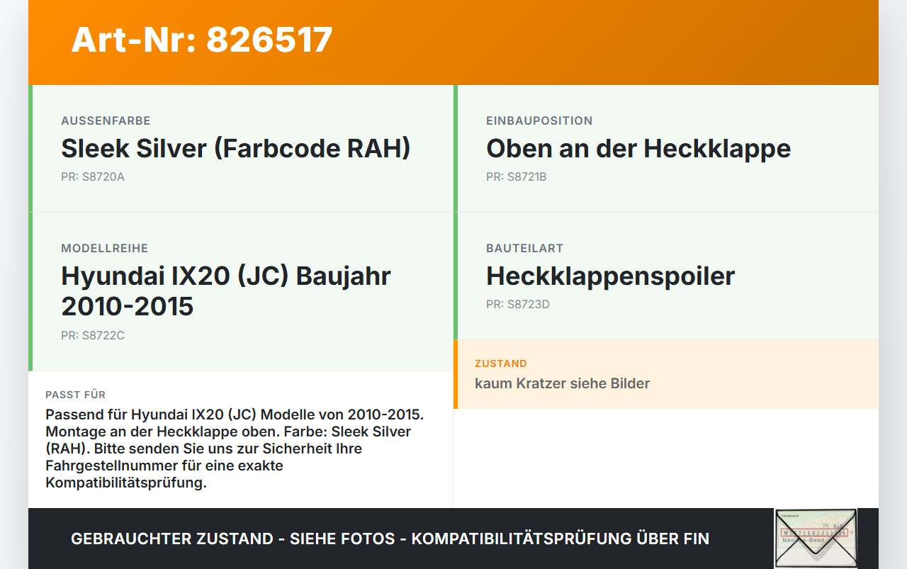 Hyundai IX20 JC 10-15 Spoiler für Heckklappe RAH Hyundai IX20 JC 10-15 27.06.2013 872101K000 87210-1K000 gebraucht Vorschau 3