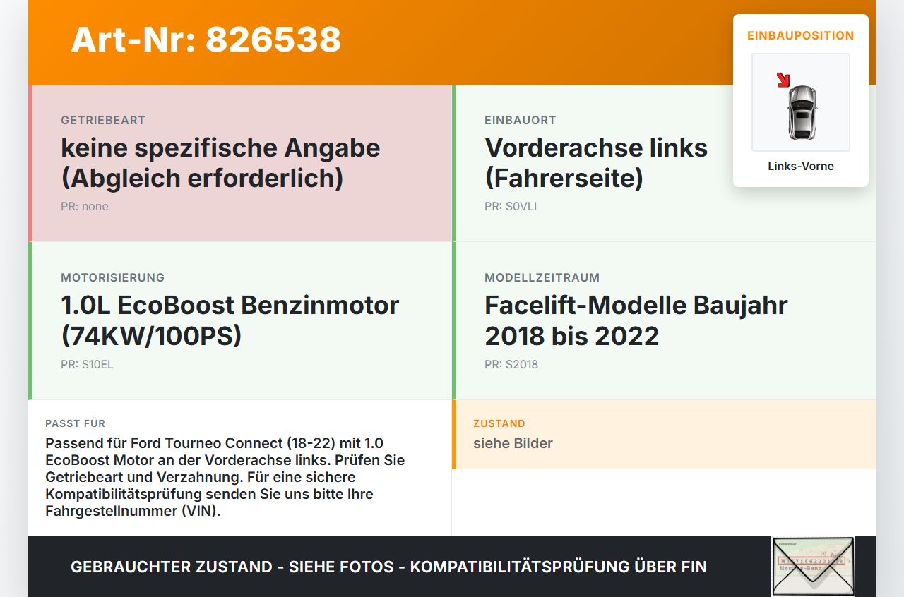 Ford Tourneo Connect 18-22 EcoBoost 1,0 74KW Antriebswelle Gelenkwelle Links Vorne Ford Tourneo Connect 18-22... Vorschau 3