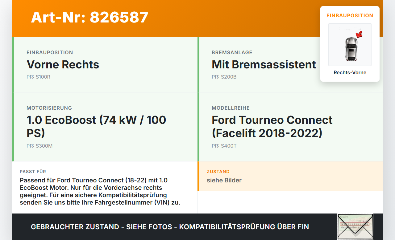 Ford Tourneo Connect 18-22 EcoBoost 1,0 74KW Bremssattel Bremszange Vorne Rechts Ford Tourneo Connect 18-22... Vorschau 3