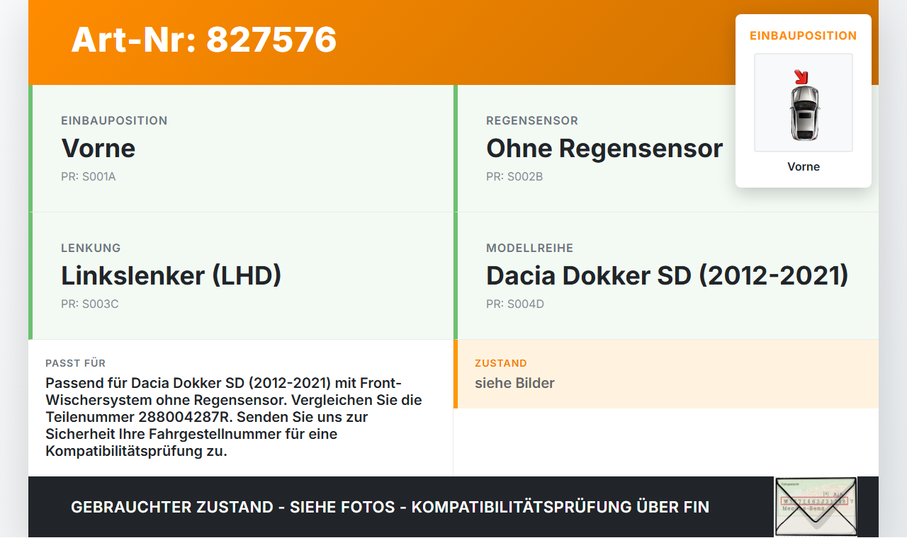 Dacia Dokker SD 12-21 Wischermotor Vorne Dacia Dokker SD 12-21 01.04.2013 2919C014 288004287R gebraucht Vorschau 3