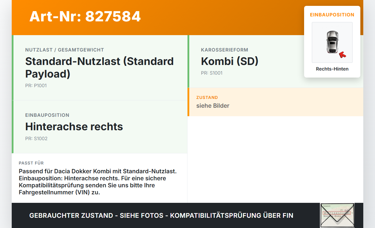 Dacia Dokker SD 12-21 Kombi Stossdämpfer Rechts Hinten Dacia Dokker SD 12-21 01.04.2013 562102464R 814903009241... Vorschau 3