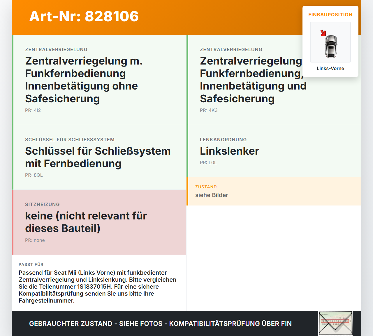 Seat Mii KF1 11-16 Türschloss mit ZV Stellmotor Links Vorne Seat Mii KF1 11-16 22.09.2014 1S1837015H 1S1837015C... Vorschau 3
