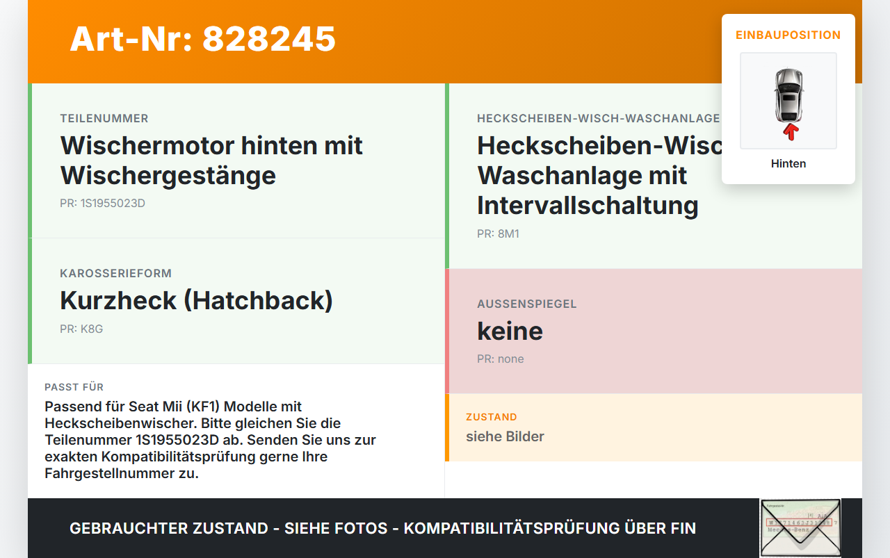 Seat Mii KF1 11-16 Wischermotor mit Wischergestänge Hinten Seat Mii KF1 11-16 22.09.2014 3397021855 1S1955023D gebraucht Vorschau 3