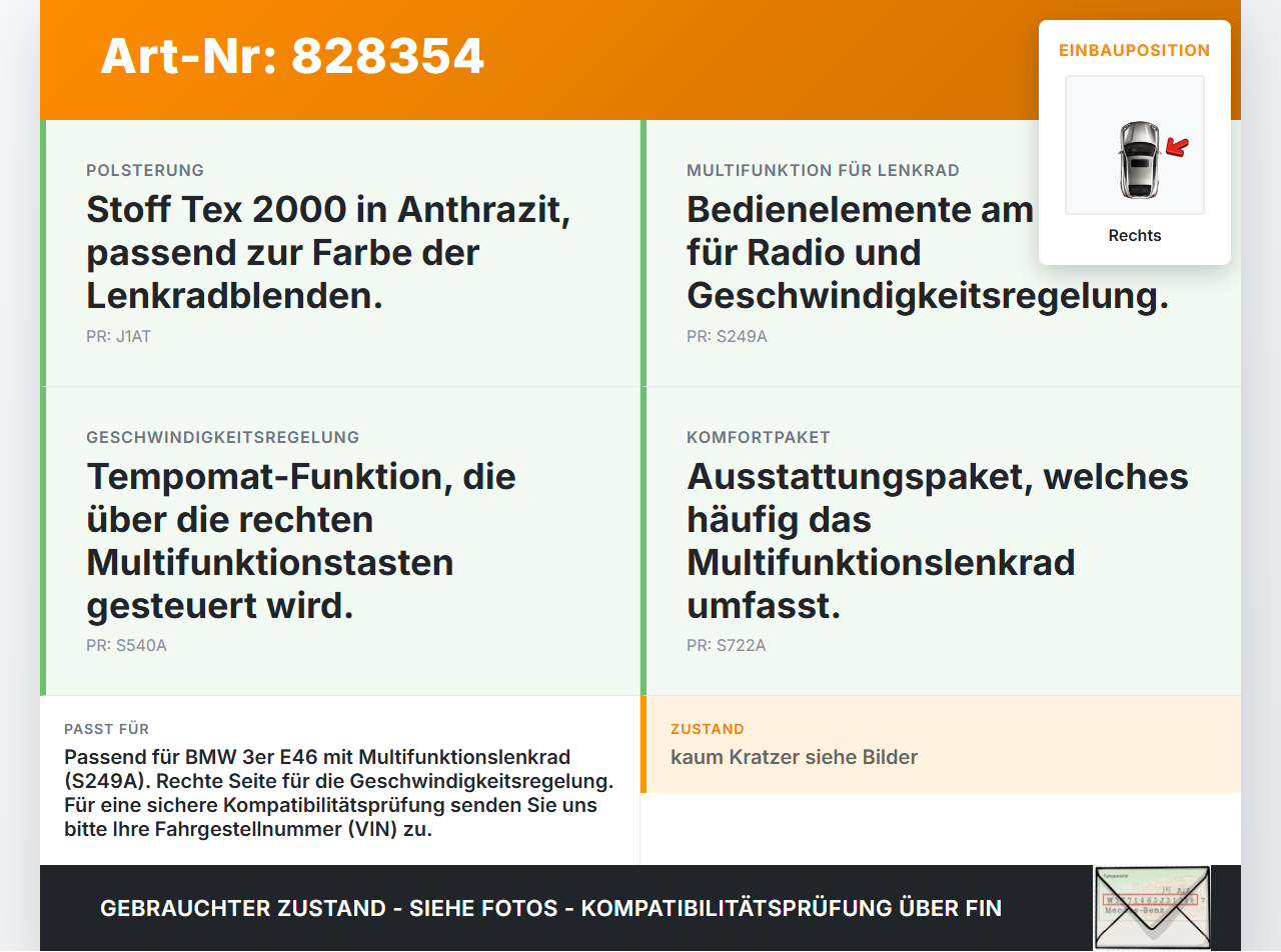 BMW E46 3er 318d 01-05 Lenkradschalter Multifunktionstasten Schalter für Lenkrad Rechts BMW E46 3er 318d 01-05... Vorschau 3