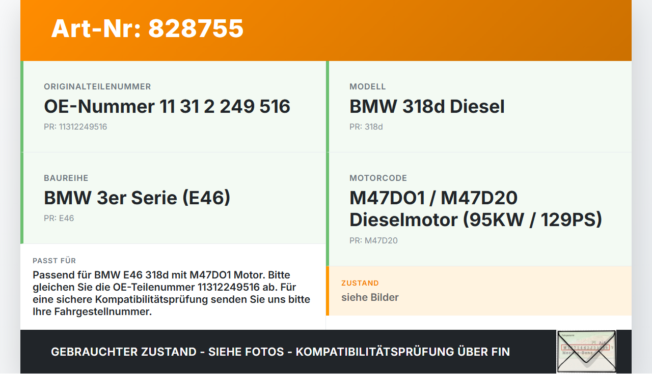 BMW E46 3er 318d 01-05 2,0d 95KW M47DO1 Nockenwelle Auslass BMW E46 3er 318d 01-05 23.10.2003 2249516 11312249516... Vorschau 3
