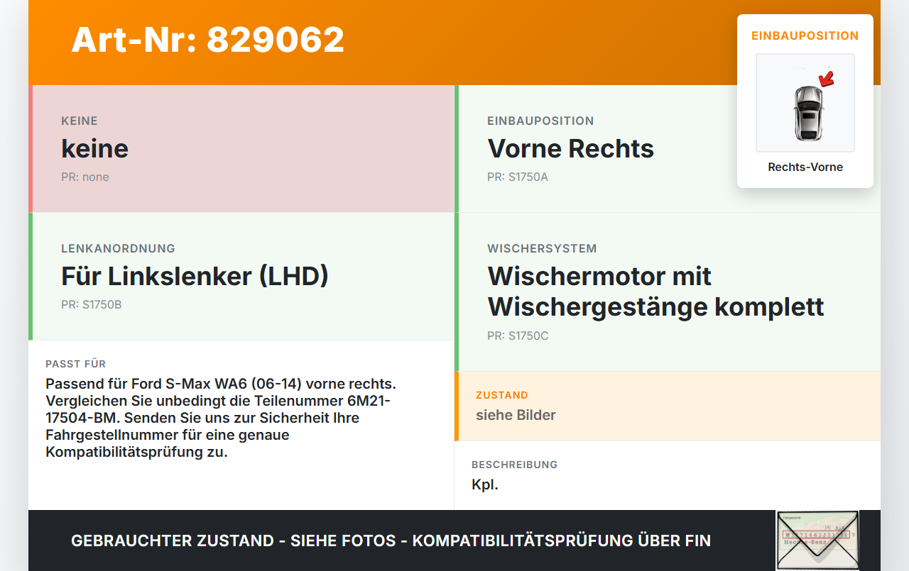 Ford S-Max WA6 06-14 Wischermotor m. Wischergestänge Vorne Rechts Ford S-Max WA6 06-14 25.03.2010 6M21-17504-BM... Vorschau 3