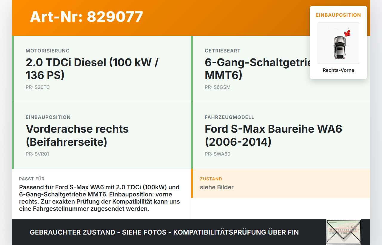 Ford S-Max WA6 06-14 TDCi 2,0 100KW Antriebswelle Gelenkwelle Rechts Vorne Ford S-Max WA6 06-14 25.03.2010... Vorschau 3