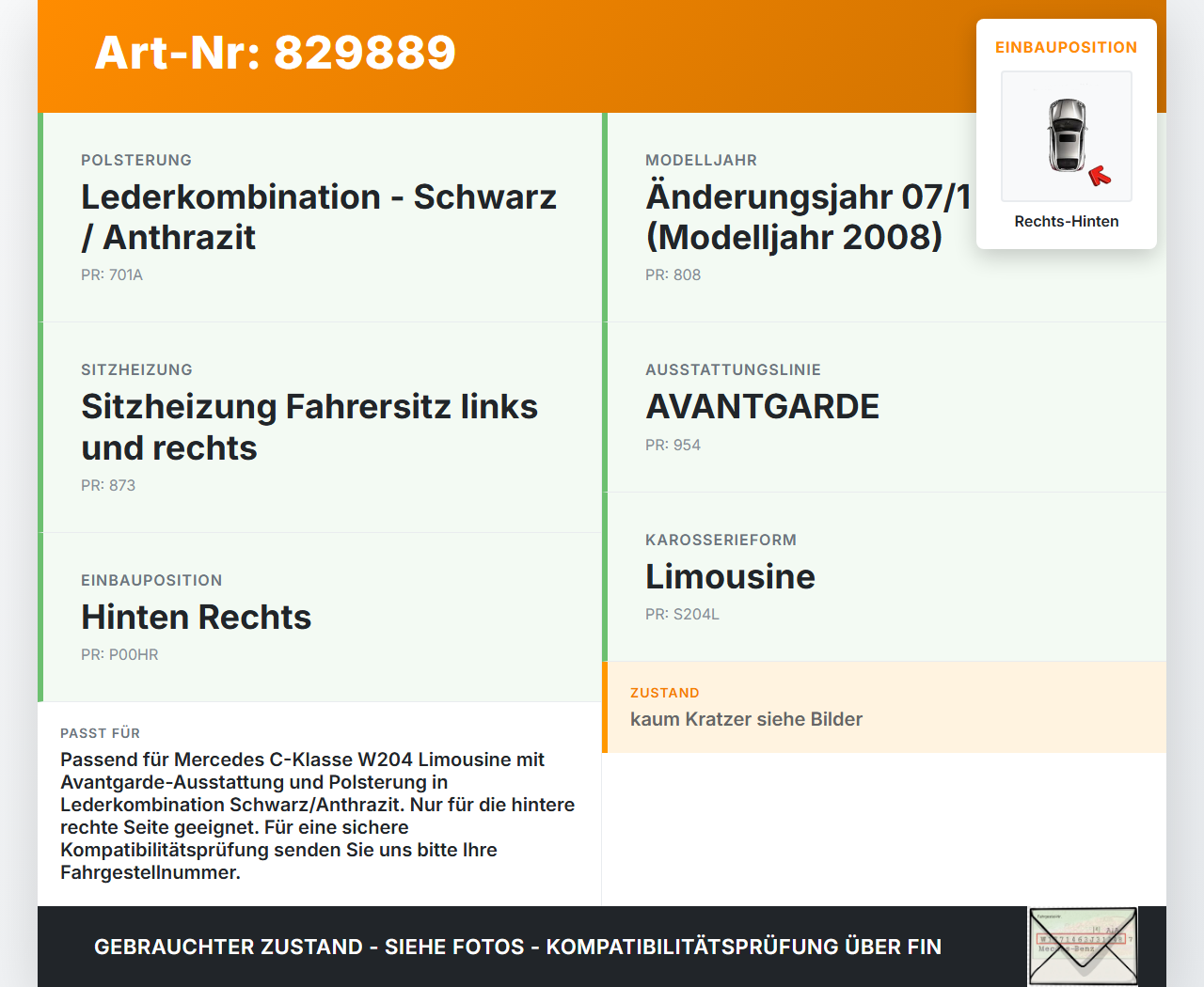 Mercedes C200 W204 07-11 Lim Türverkleidung Türpappe Rechts Hinten Mercedes C200 W204 07-11 06.05.2010 A2047301962... Vorschau 3