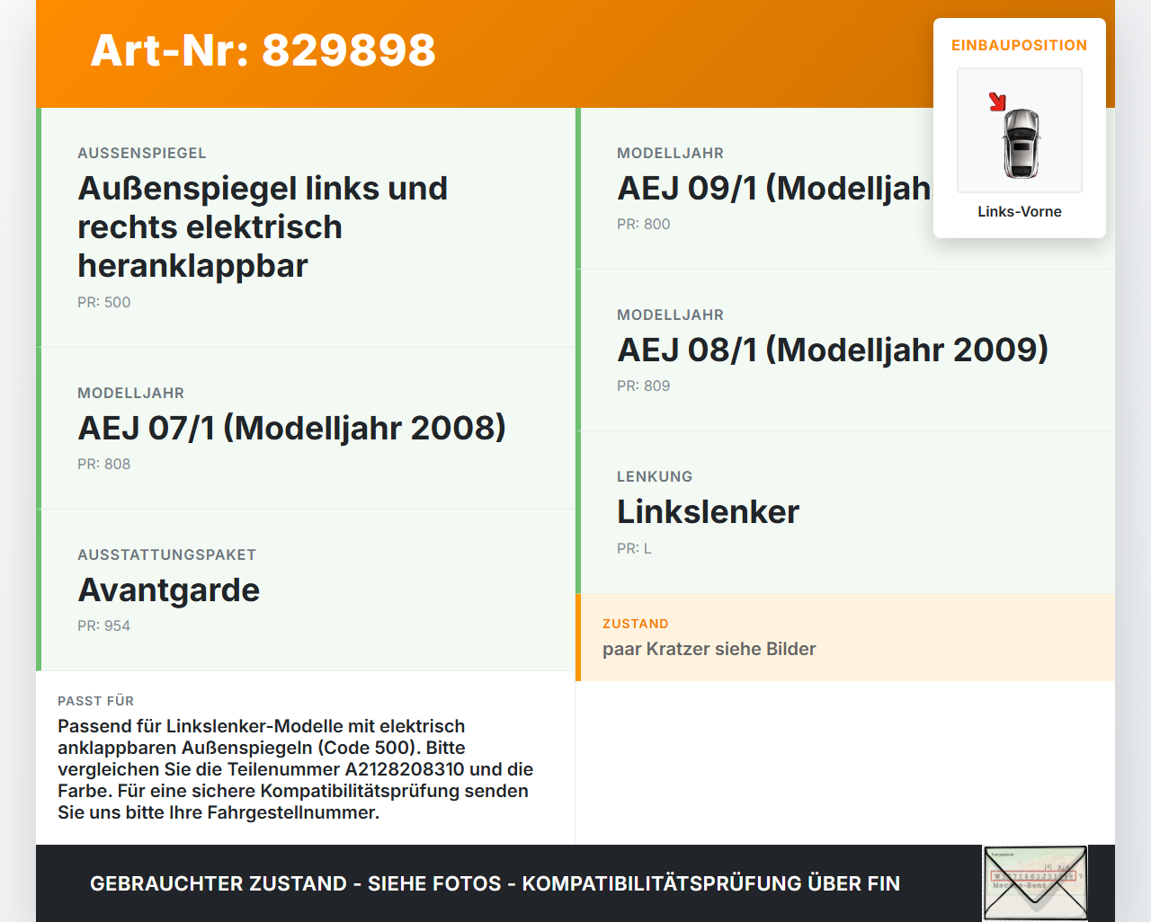 Mercedes C200 W204 07-11 Lim Fensterheberschalter Schalter Links Vorne Mercedes C200 W204 07-11 06.05.2010... Vorschau 3