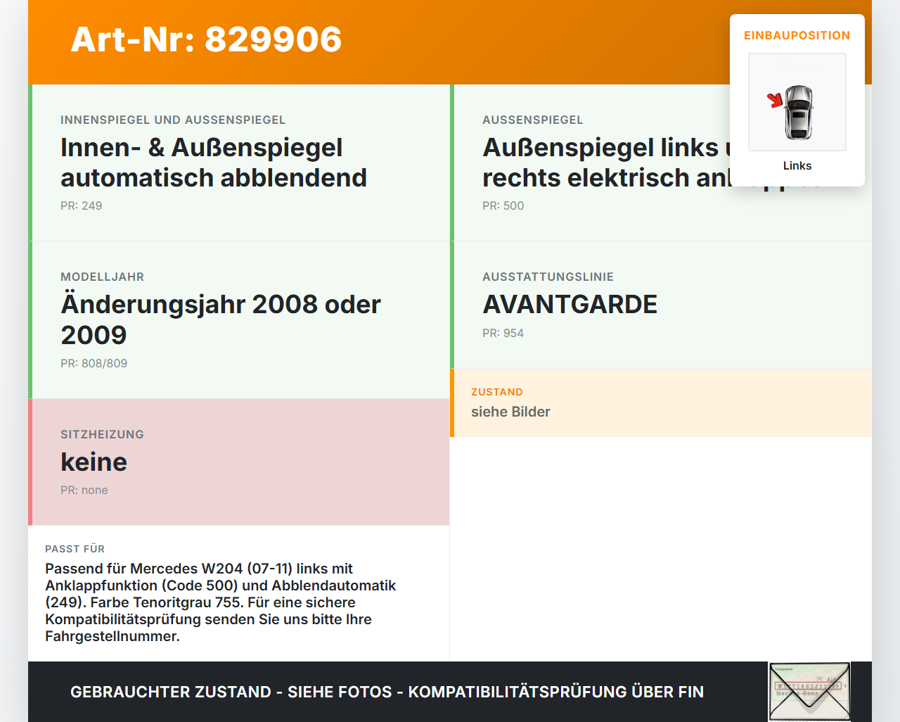 Mercedes C200 W204 07-11 Spiegelarm für Aussenspiegel Links 755 Mercedes C200 W204 07-11 06.05.2010 A2048103976... Vorschau 3
