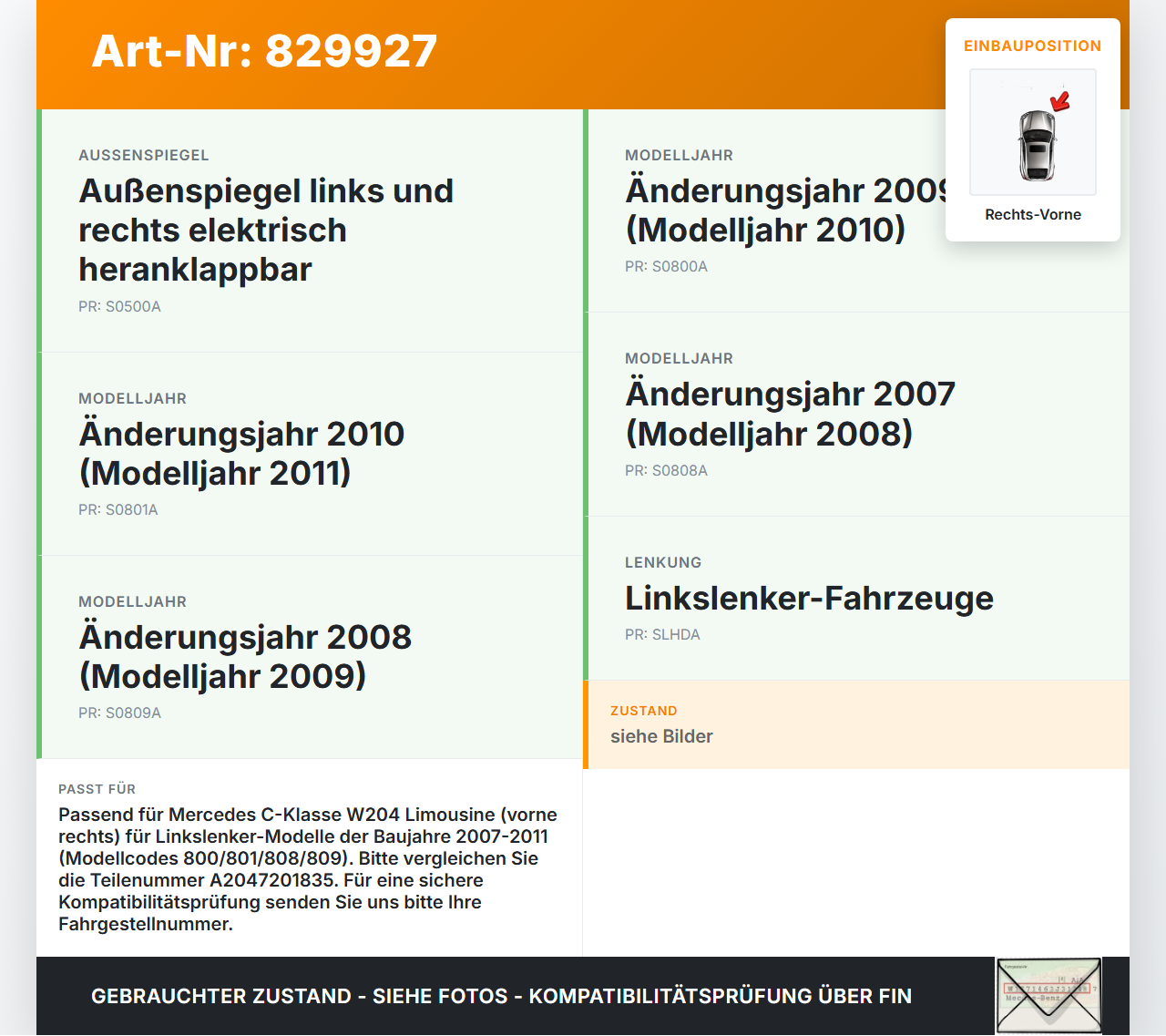 Mercedes C200 W204 07-11 Lim Türschloss m. ZV Stellmotor Rechts Vorne Mercedes C200 W204 07-11 06.05.2010... Vorschau 3