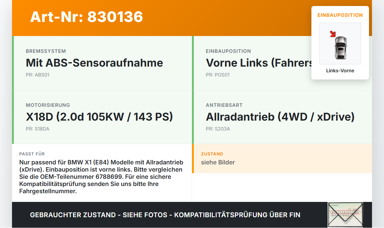 BMW X1 E84 X18D 09-12 2,0d 105KW Achsschenkel Radnabe mit ABS Links Vorne BMW X1 E84 X18D 09-12 17.05.2010... Vorschau 3