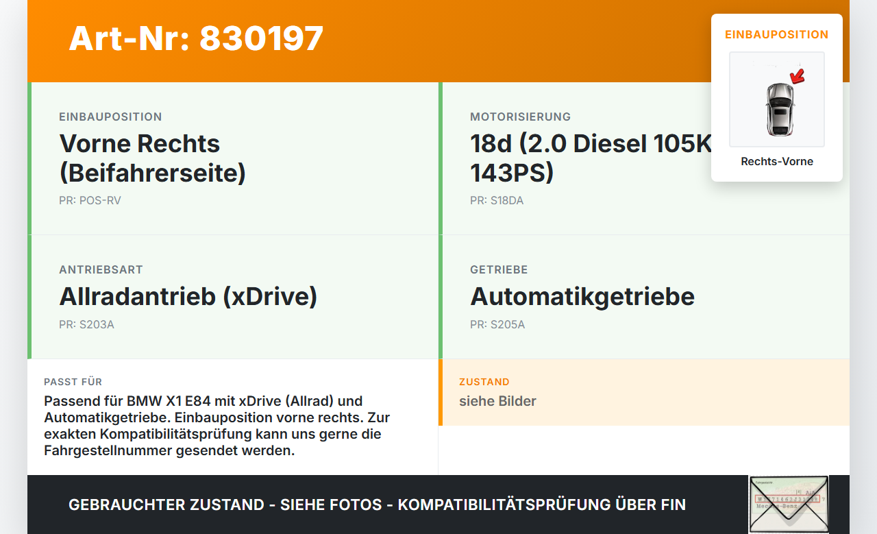 BMW X1 E84 X18D 09-12 2,0d 105KW Autom 4WD Antriebswelle Gelenkwelle Rechts Vorne BMW X1 E84 X18D 09-12 17.05.2010... Vorschau 3
