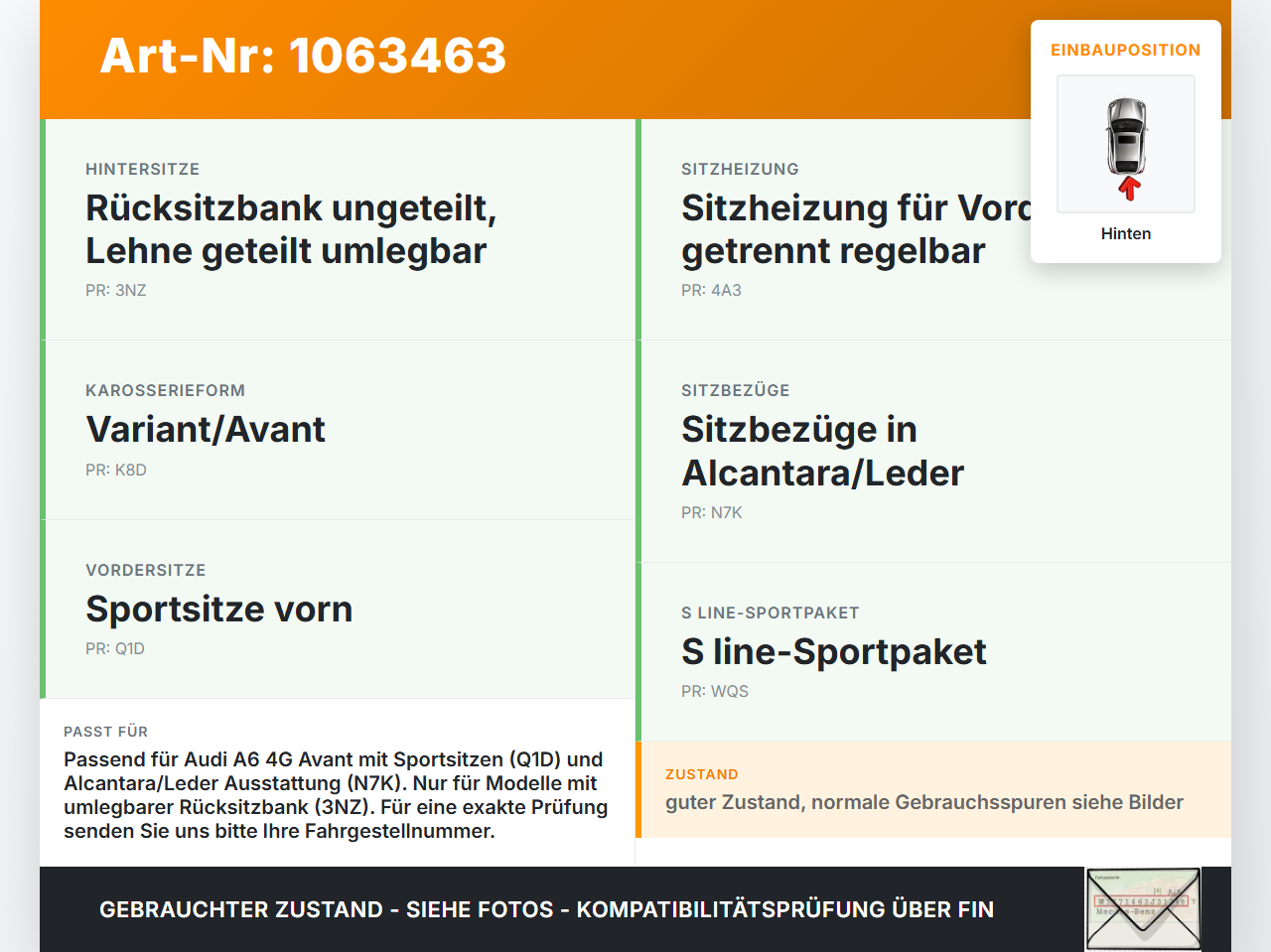 Audi A6 4G C7 11-14 qu Kombi Sitzbezug Sitzpolster für Rücksitzbank Hinten Audi A6 4G C7 11-14 qu 31.01.2012... Vorschau 3