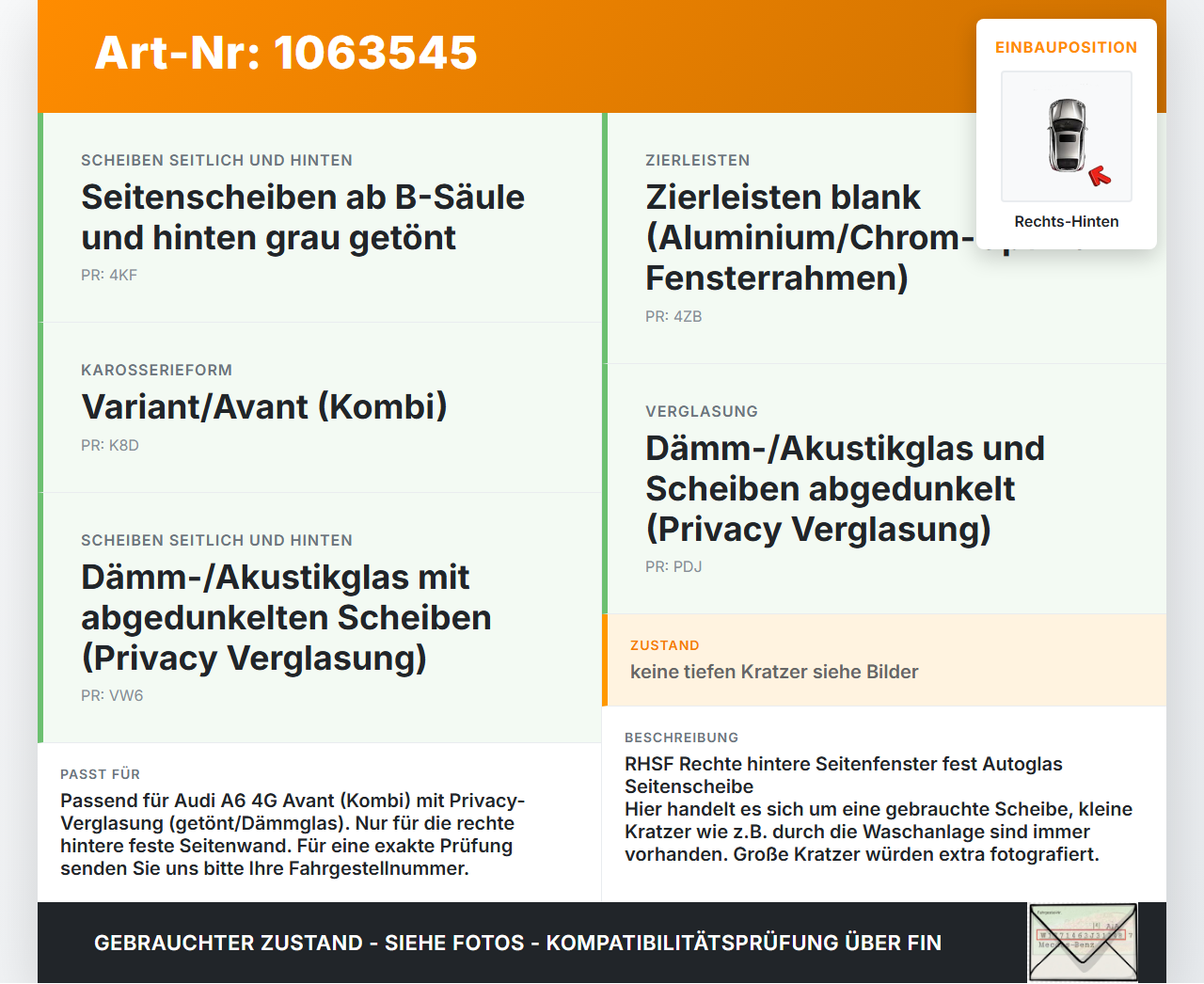 Audi A6 4G C7 11-14 qu Kombi Seitenscheibe Feste Scheibe Rechts Hinten Orig. getönt Audi A6 4G C7 11-14 qu... Vorschau 3