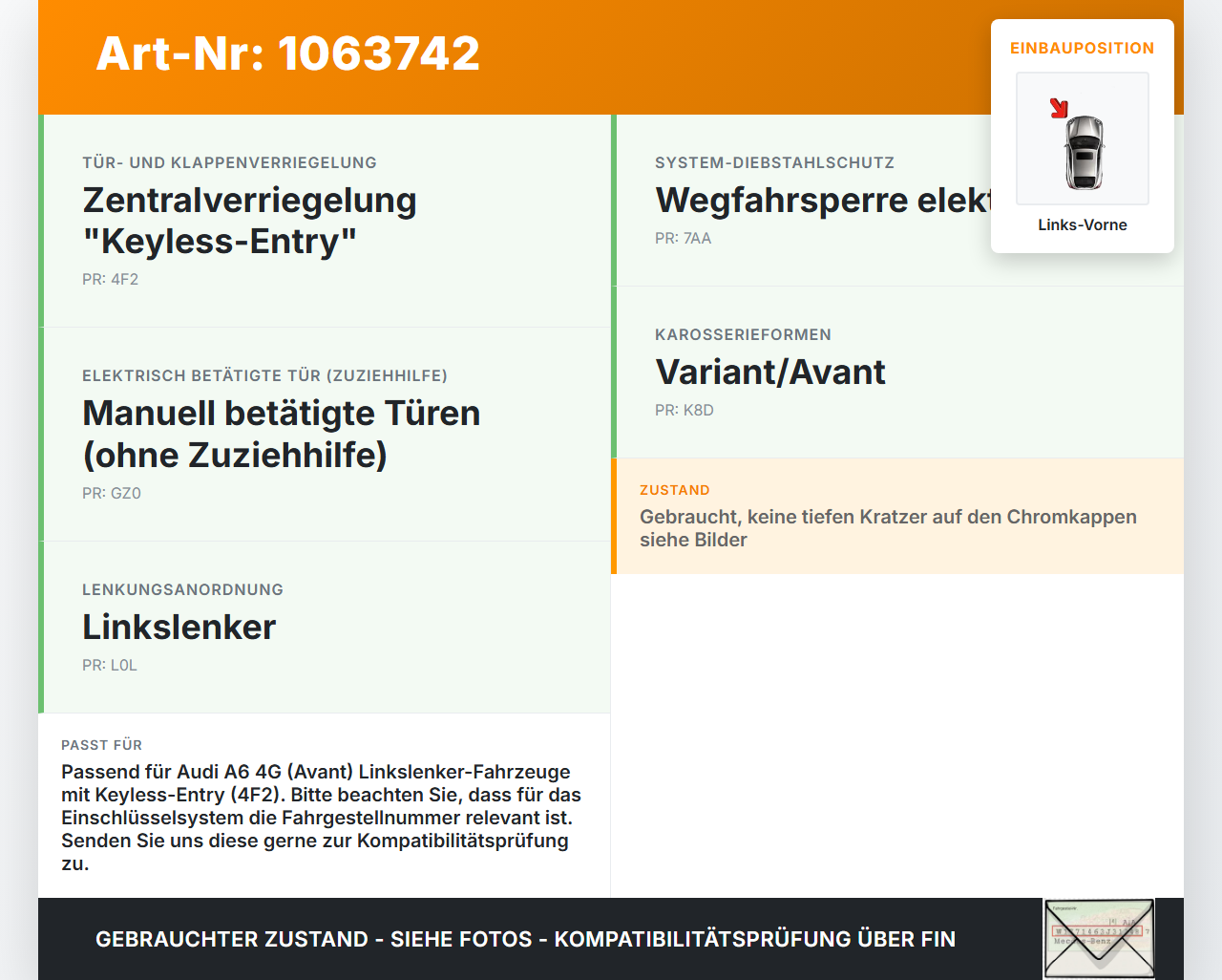 Audi A6 4G C7 11-14 qu Kombi Schließzylinder Türschloss für Tür Links Vorne Audi A6 4G C7 11-14 qu 31.01.2012... Vorschau 3