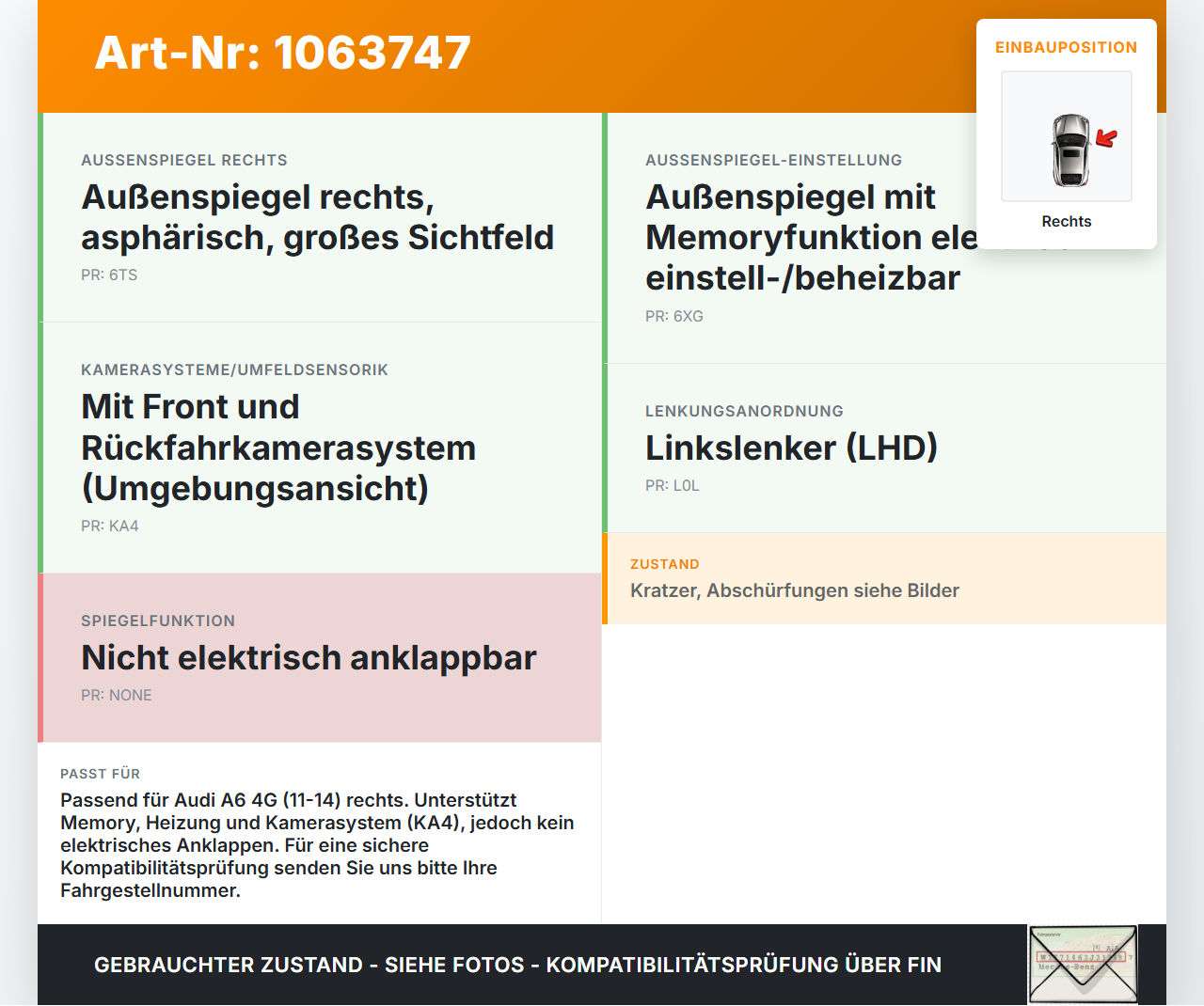 Audi A6 4G C7 11-14 qu Spiegel Aussenspiegel Rechts beheizt LY8X Audi A6 4G C7 11-14 qu 31.01.2012 4G1857410Q gebraucht Vorschau 3
