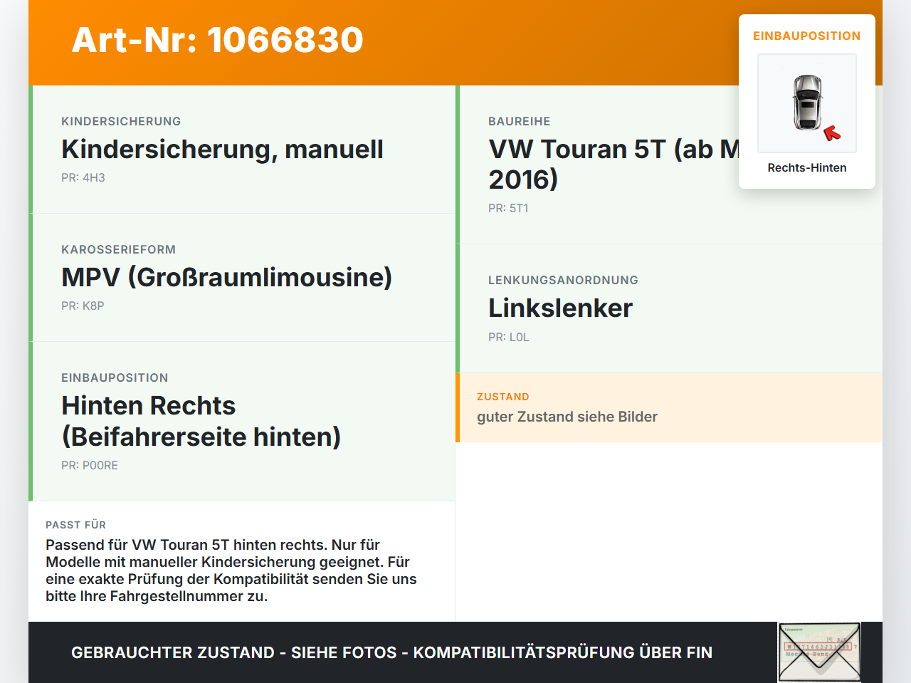 VW Touran II 5T 15-24 Türfangband Türbremse Türanschlag Rechts Hinten VW Touran II 5T 15-24 14.12.2015 5TA839249B... Vorschau 3