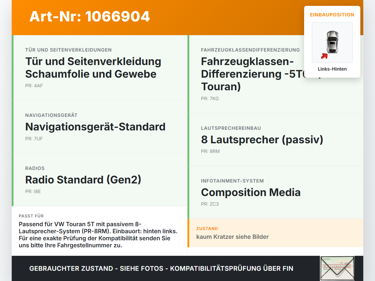 VW Touran II 5T 15-24 Lautsprecher Links Hinten VW Touran II 5T 15-24 14.12.2015 5TA035453 gebraucht Vorschau 3