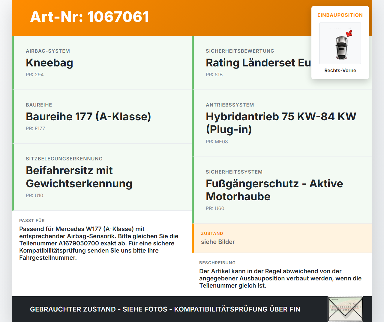 Mercedes W177 A250E 18-22 Sensor für Airbag Crashsensor Airbagsensor Rechts Vorne Mercedes W177 A250E 18-22... Vorschau 3
