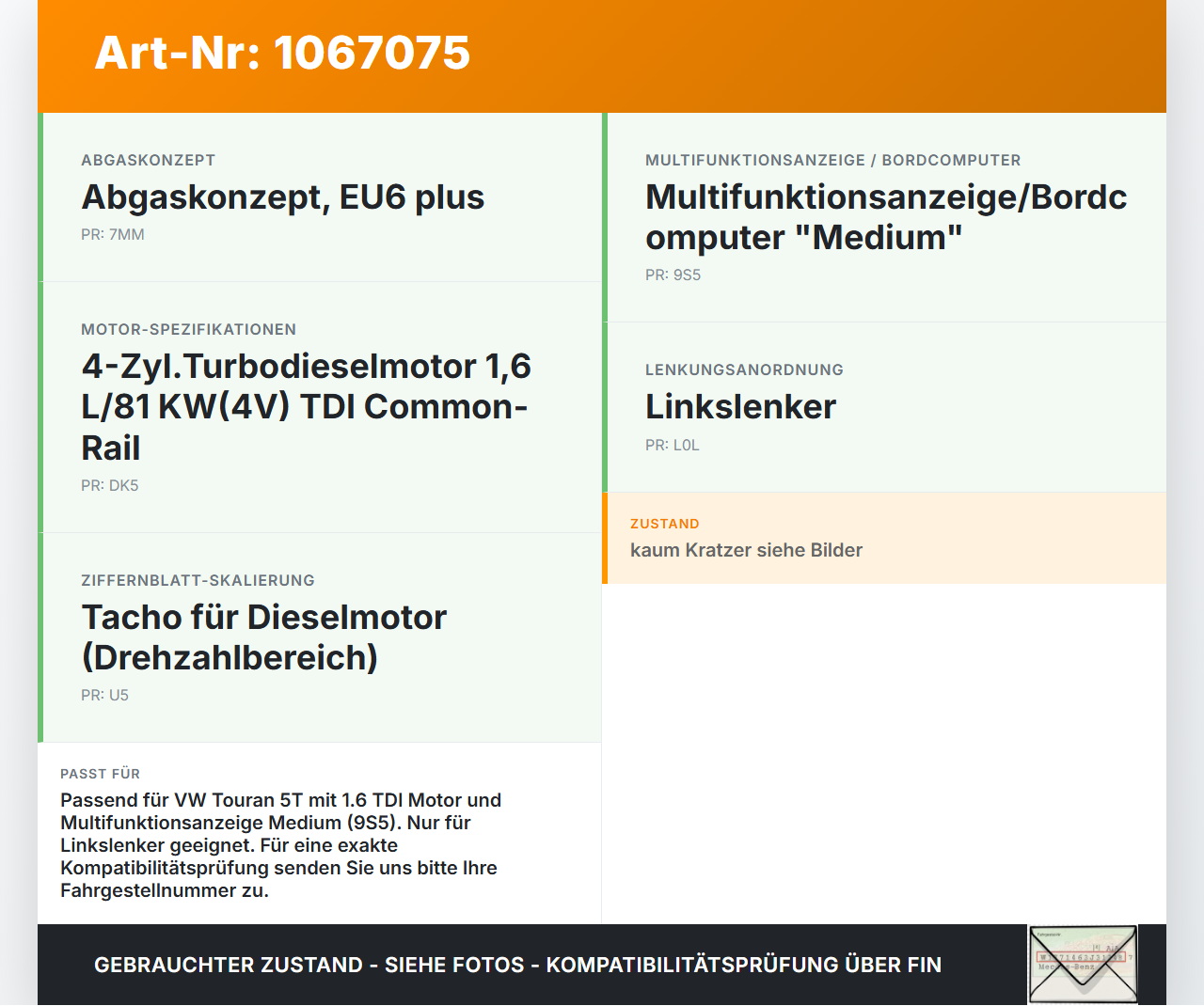 VW Touran II 5T 15-24 TDI 1,6 81KW Kombiinstrument Tacho VW Touran II 5T 15-24 14.12.2015 5TA920741 gebraucht Vorschau 3