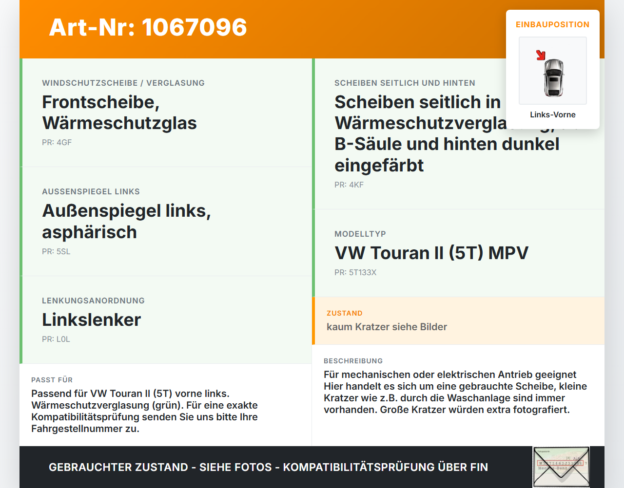 VW Touran II 5T 15-24 Seitenscheibe LVK Fenster Türscheibe Links Vorne VW Touran II 5T 15-24 14.12.2015 5TA845201... Vorschau 3