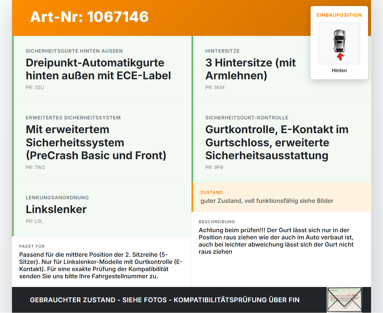 VW Touran II 5T 15-24 Gurt Sicherheitsgurt Mitte Hinten VW Touran II 5T 15-24 14.12.2015 5TA857807 628036800A gebraucht Vorschau 3
