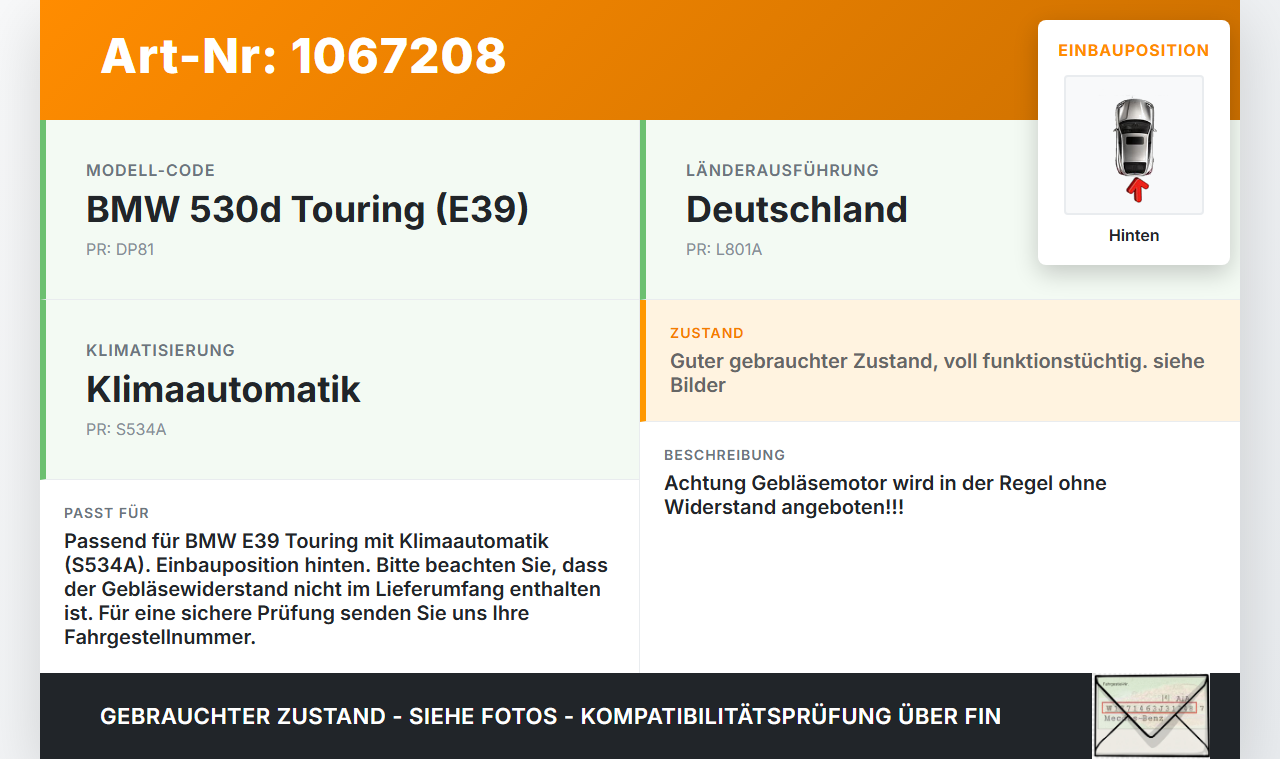BMW 5er E39 530d 00-04 Gebläsemotor Lüftermotor Heizungsgebläse Hinten BMW 5er E39 530d 00-04 09.04.2002... Vorschau 3