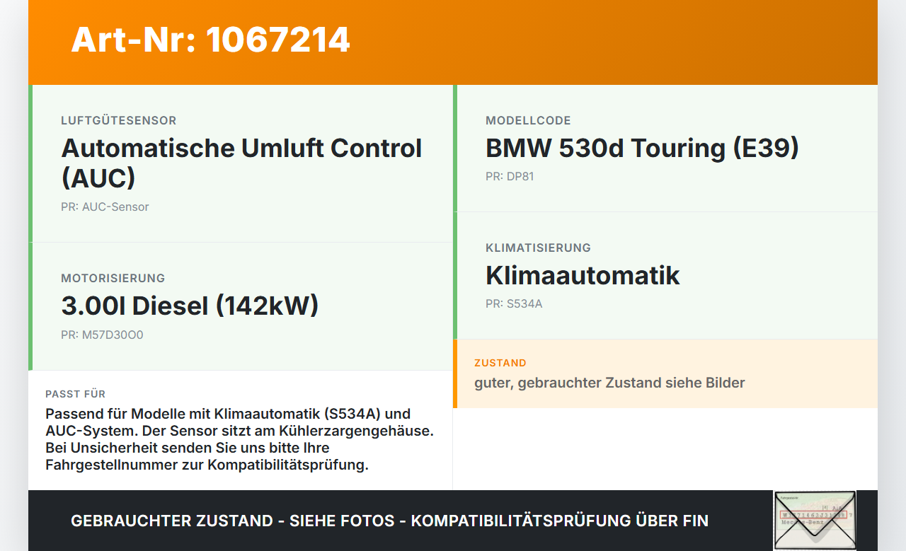 BMW 5er E39 530d 00-04 Klimasensor Temperatursensor BMW 5er E39 530d 00-04 09.04.2002 6917001 64116917001 8391470... Vorschau 3