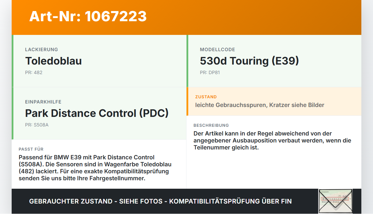 BMW 5er E39 530d 00-04 Abstands Sensor Parksensor PDC Set Satz 482 BMW 5er E39 530d 00-04 09.04.2002 6989068... Vorschau 3