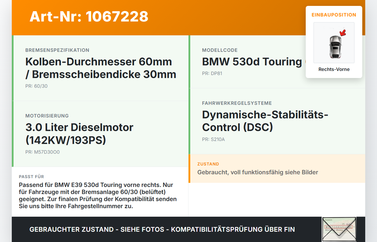 BMW 5er E39 530d 00-04 3,0d 142KW Bremssattel Bremszange Vorne Rechts 60/30 BMW 5er E39 530d 00-04 09.04.2002... Vorschau 3