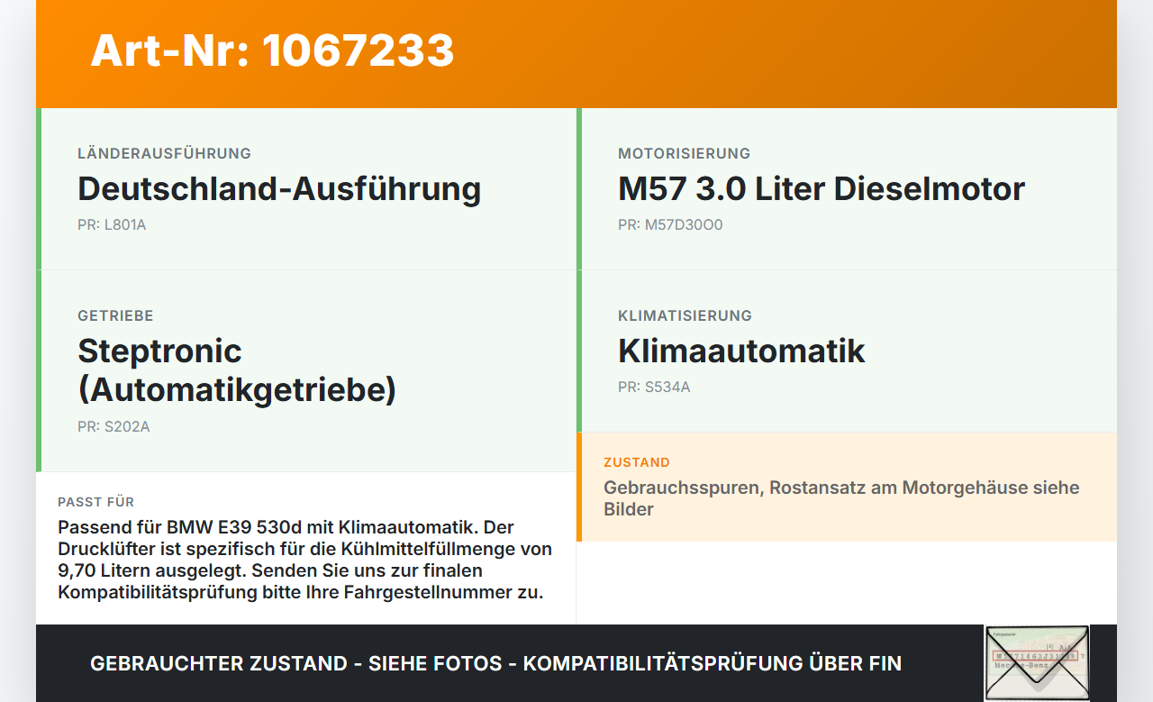 BMW 5er E39 530d 00-04 3,0d 142KW Lüfter Ventilator f. Kühler BMW 5er E39 530d 00-04 09.04.2002 6921397 64546921397... Vorschau 3