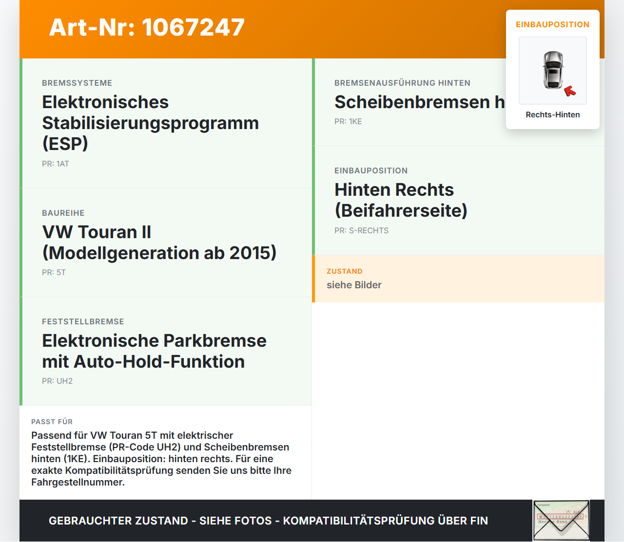 VW Touran II 5T 15-24 Stellmotor für Elektrische Feststellbremse Rechts Hinten VW Touran II 5T 15-24 14.12.2015... Vorschau 3